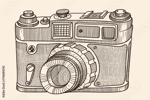 Film retro camera with lens isolated on beige background. Primitive linear sketch. Drawing in cartoon style.