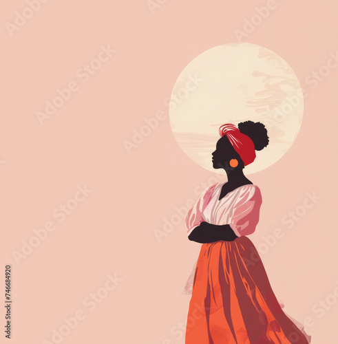 Afro woman silhouette with moon on a pink background with copy space