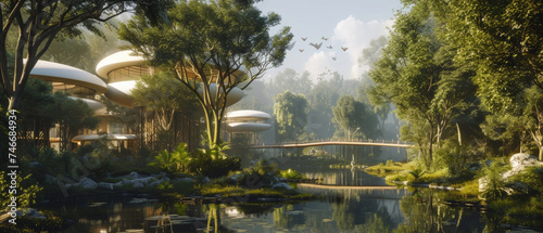 Serene futuristic eco-village nestled in a lush forest at dawn with birds in flight.