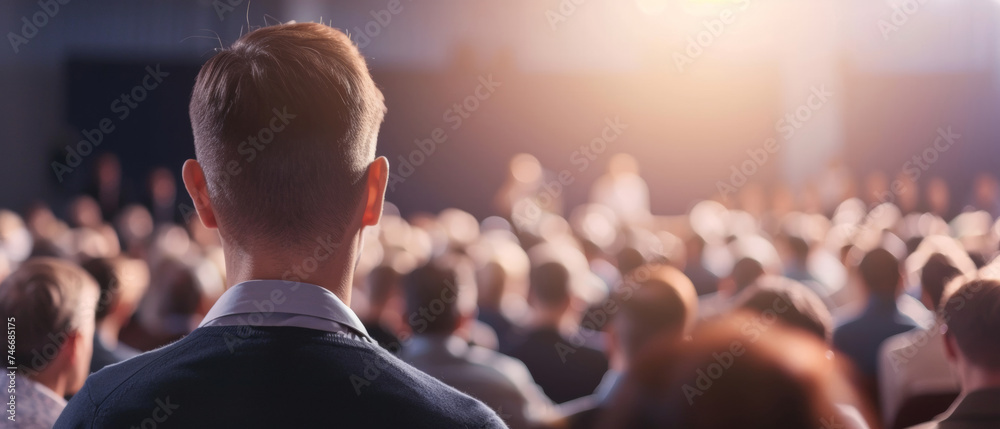 Businessman facing a crowd of colleagues at a corporate seminar from the stage. - obrazy, fototapety, plakaty 