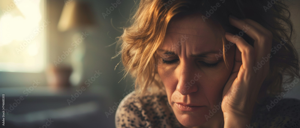 Woman stressed and exhausted, grappling with an emotional moment. - obrazy, fototapety, plakaty 
