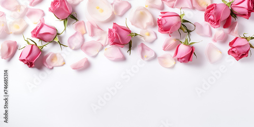 Flat lay. pink roses and rose petals on a pink background.