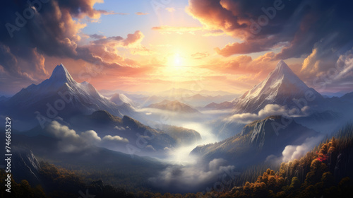 with huge mountains rising above the clouds and illuminated by the rays of the sun