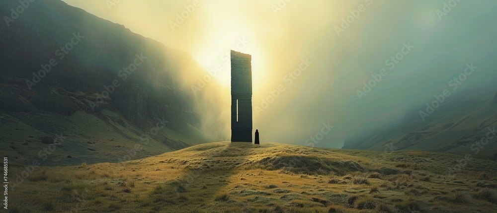A man or a monk or a pilgrim next to a surreal mystical black stone or a giant sculpture in a valley among the mountains in a minimalist style. A ceremonial, religious, or mysterious sacred place - obrazy, fototapety, plakaty 