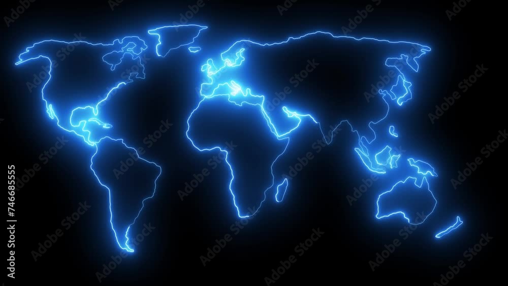 Neon line world map outline. Dynamic mapping of the contours of the world map. Light lines around the continents. Neon line world map outline. Dynamic mapping of the contours of the world map. Light lines around the continents.