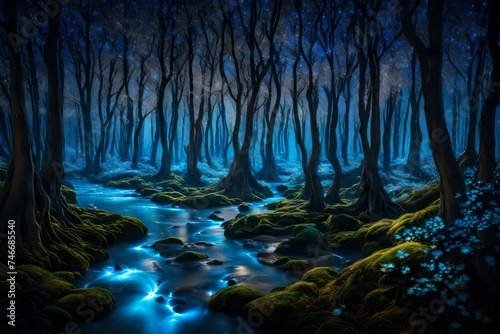 A mystical valley where a river of liquid silver winds through a forest of sparkling, bioluminescent trees.