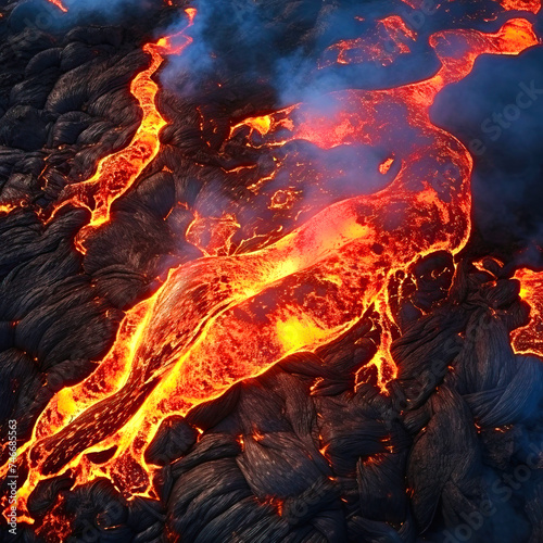 Aerial view of lava flowing from volcano, creating fiery landscape