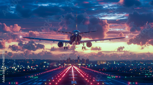Airplane Taking Off at Sunset on the Airport Runway