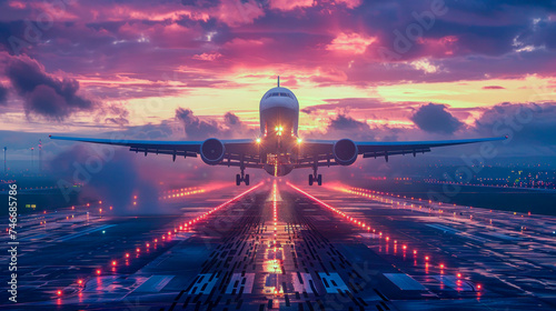 Airplane Taking Off at Sunset on the Airport Runway