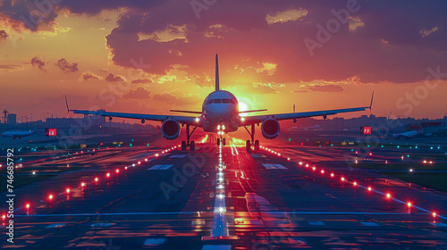 Airplane Taking Off at Sunset on the Airport Runway