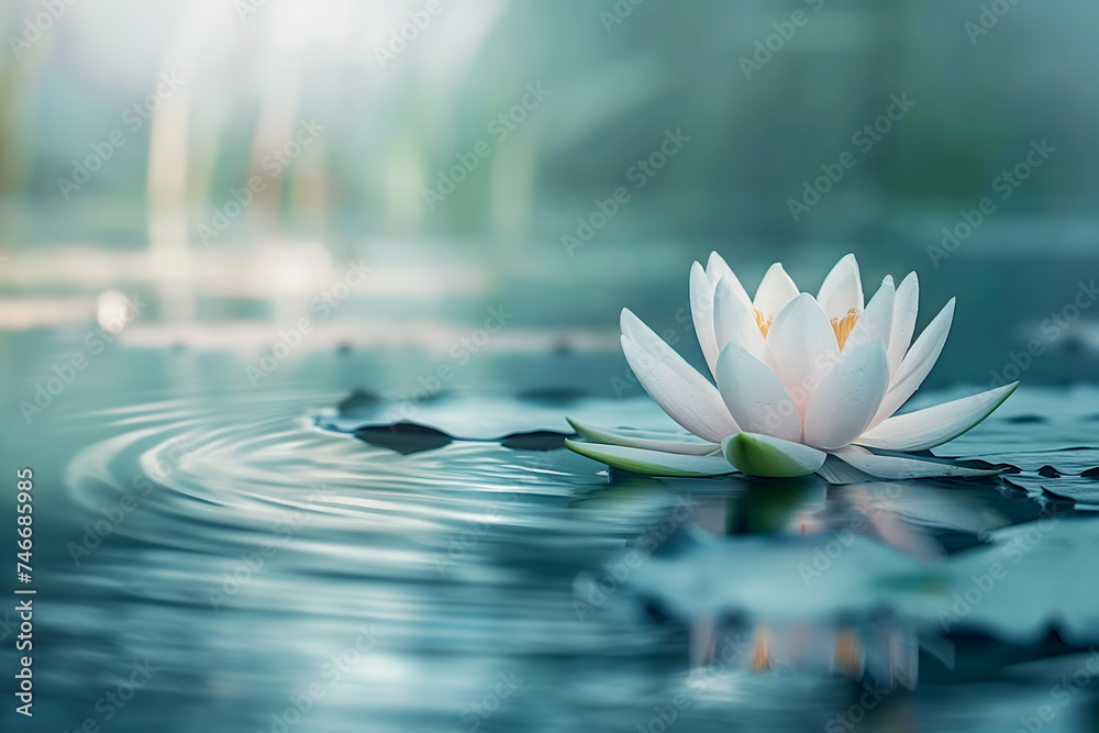 A pristine lotus flower emerges with elegance above the calm water surface, its petals glistening with droplets in the tranquil embrace of a misty morning