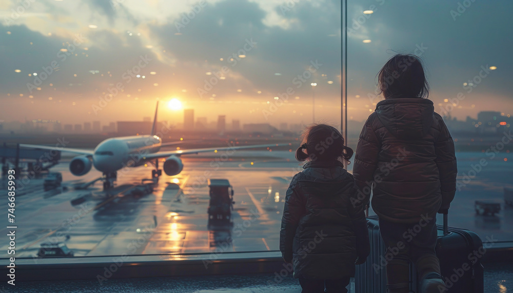 Mother and Child Gazing at Sunset in Airport Terminal - obrazy, fototapety, plakaty 