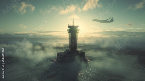 Airplane Descending Toward Airport Control Tower at Sunrise