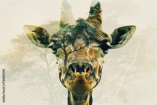 A giraffe overlaid with the texture of acacia trees in an African savanna double exposure photo