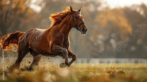 A horse during a horse race in the ranch , horseback riding during the race, action image of running horse photo