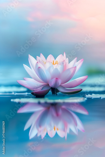 A pristine lotus flower emerges with elegance above the calm water surface, its petals glistening with droplets in the tranquil embrace of a misty morning