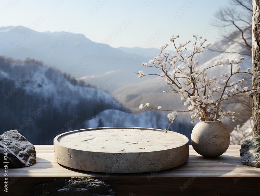 Abstact 3d render winter scene and Natural podium background, Ice podium on the ice rock and stone for product display, advertising, mockup or etc - obrazy, fototapety, plakaty 