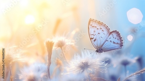 Natural pastel background. Morpho butterfly and dandelion. Seeds of a dandelion flower in droplets of dew on a background of sunrise. Soft focus. Copy spaces. © Elchin Abilov