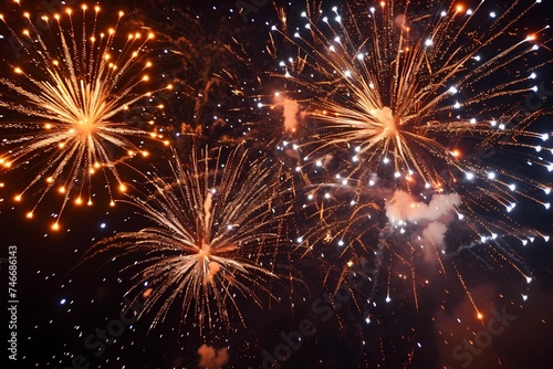 A dynamic shot showcasing a series of fireworks exploding in quick succession, filling the darkness with a continuous display of vibrant lights.