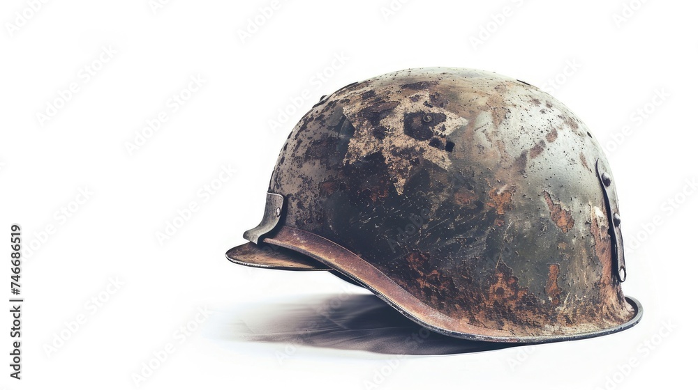 Fototapeta premium The old military helmet isolated on white, a powerful symbol of historical combat and military heritage.