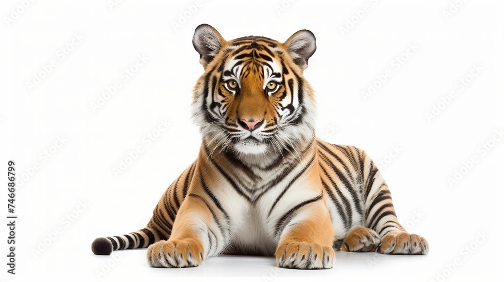 Fototapeta premium Portrait of Bengal Tiger, 1 year old, sitting in front of white background, studio shot, Panthera tigris tigris