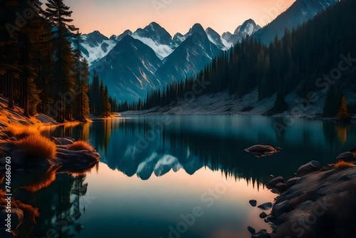 A serene lake nestled between majestic mountains, reflecting the ethereal hues of a mesmerizing sunset.