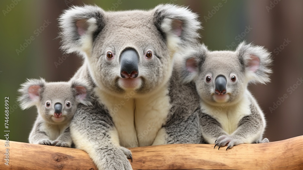 Fototapeta premium Portrait of Koala bears, 4 years old and 9 months old, Phascolarctos cinereus, in front of white background