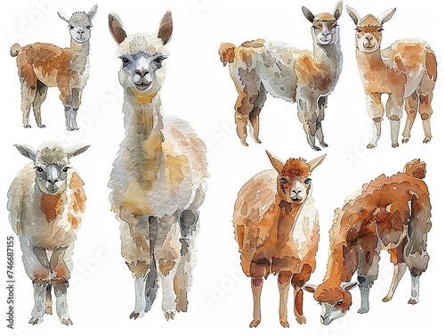 set di  dolcissimi alpaca di diversi colori in stile acquerello su sfondo bianco scontornabile, ideale per libri per bambini photo