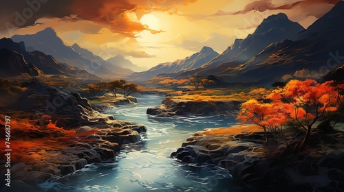 aerial photo of a mountain field on a river, in the style, colorful animation stills, ethereal trees, orange and maroon, reflective, leaf patterns