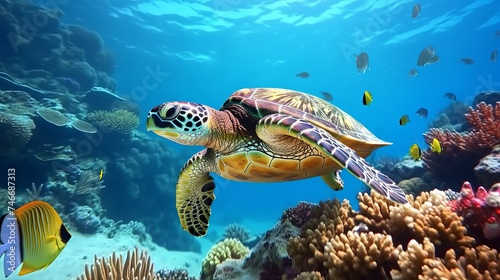 Red sea diving big sea turtle sitting on colorful coral reef © Elchin Abilov