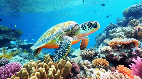 Red sea diving big sea turtle sitting on colorful coral reef