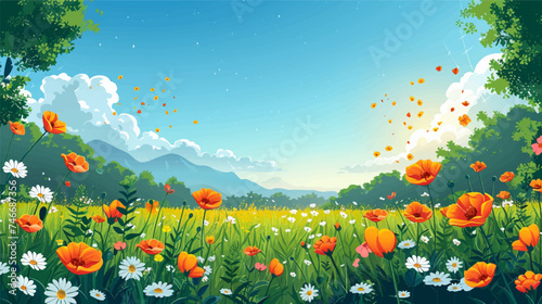 Vector illustration peaceful paradise scene, nature flowers and mountains landscape