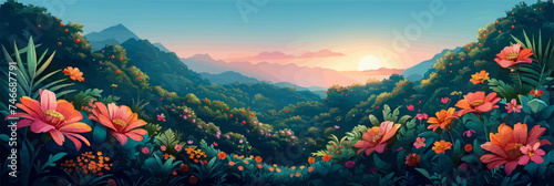 Vector illustration peaceful paradise scene, nature flowers and mountains landscape photo