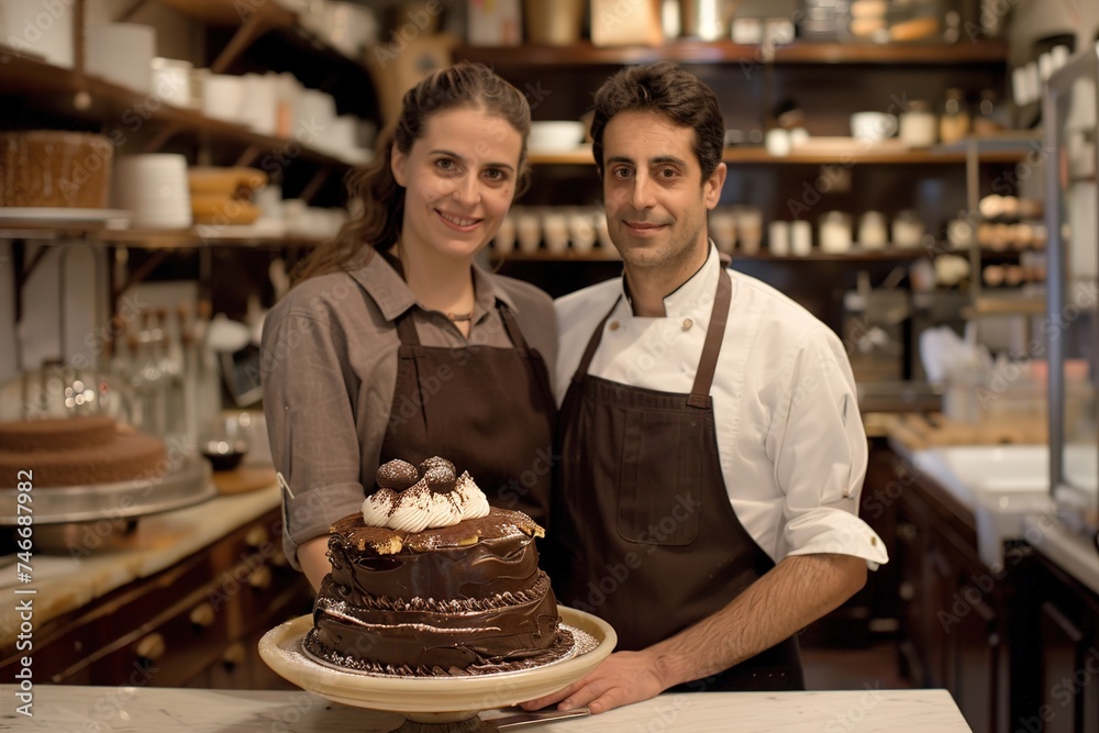 Pastry Chefs with a Decadent Chocolate Cake Creation