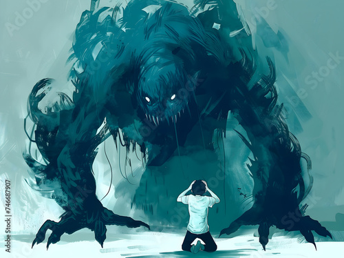 A bold illustration showing a person standing resolute in front of a towering, monstrous shadow, epitomizing the confrontation with one's inner fears
