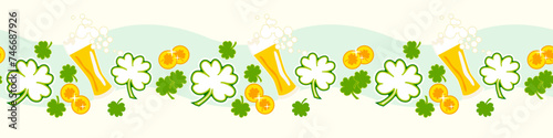 St. Patricks day seamless border with lucky clover, gold coin and beer drink © LilaloveDesign