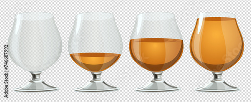 Cognac glass of cognac or whiskey of varying degrees of fullness from empty to full on the background imitating transparency. Image produced without the use of any form of AI software at any stage photo