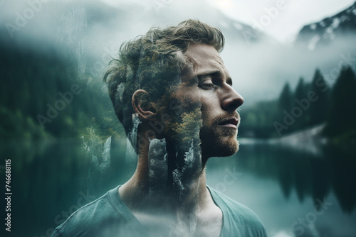 Generative ai picture double exposure of a man head on mountain and forest background yoga zen concept photo