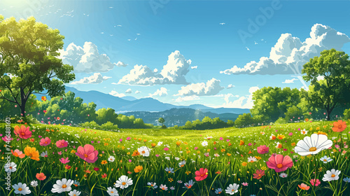 Vector illustration peaceful paradise scene, nature flowers and mountains landscape