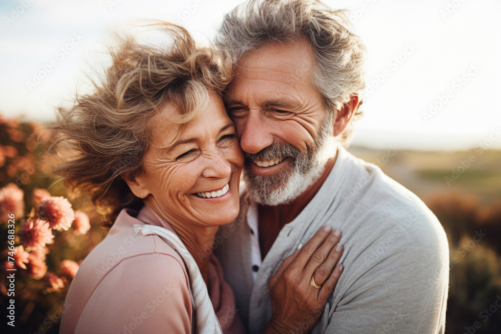 AI generated picture photo of loving enamored happy two mature people on honeymoon vacation together AI generated picture photo of loving enamored happy two mature people on honeymoon vacation together