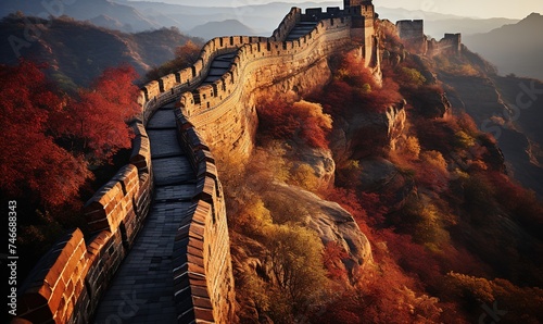 aerial view of the great wall, in the style of light maroon and blue, naturalistic lighting, nature-inspired, yellow and green, landscape mastery, orange and indigo photo