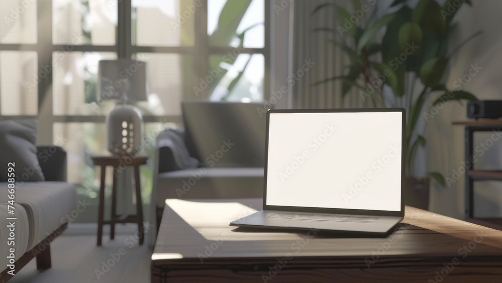 Open laptop on a wooden table in a modern sunlit living space. Open laptop on a wooden table in a modern sunlit living space.