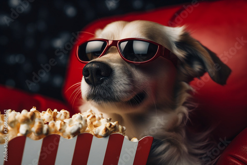 Funny dog watching 3D movie in glasses and eating popcorn at cinema generative AI photo