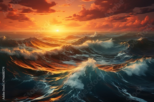 aerial view of the waves of the north sea at sunset, in the style of western dynasty, southern countryside, restored and repurposed, pristine naturalism, rich and immersive photo