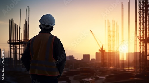 Silhouette engineer standing orders for construction and discuss the contract with the sub contractors Heavy industry and safety at work over blurred  background sunset pastel photo