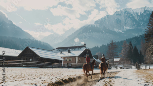 Equestrians enjoy a scenic winter trail ride in a tranquil mountain landscape.