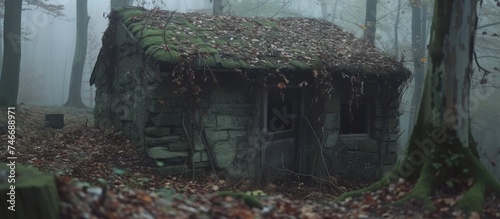 A poorly built house stands amidst a dense foggy forest, barely visible through the mist. The eerie scene suggests unsuitable living conditions.