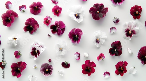 A variety of colorful pansy flowers spread out on a clean white surface  viewed from above.