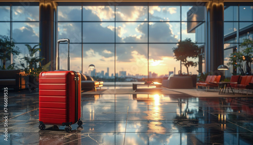 Red Suitcase in Luxurious Airport Lounge Overlooking Cityscape at Sunset