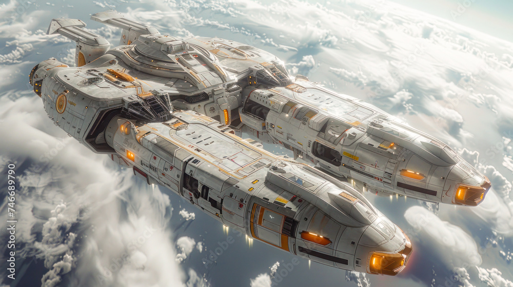 Futuristic Spacecraft Gliding Above the Clouds at Sunset Futuristic Spacecraft Gliding Above the Clouds at Sunset